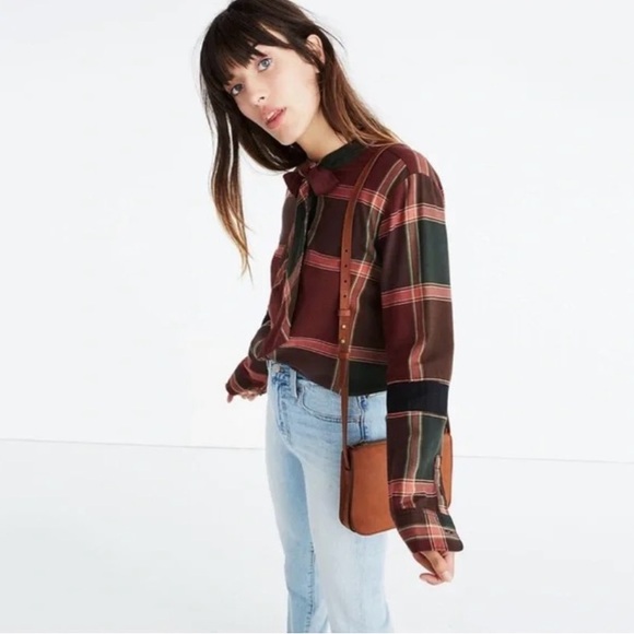 Madewell Plaid Tie-Neck Shirt Brown/Plum Cranberry - M - Picture 3 of 15